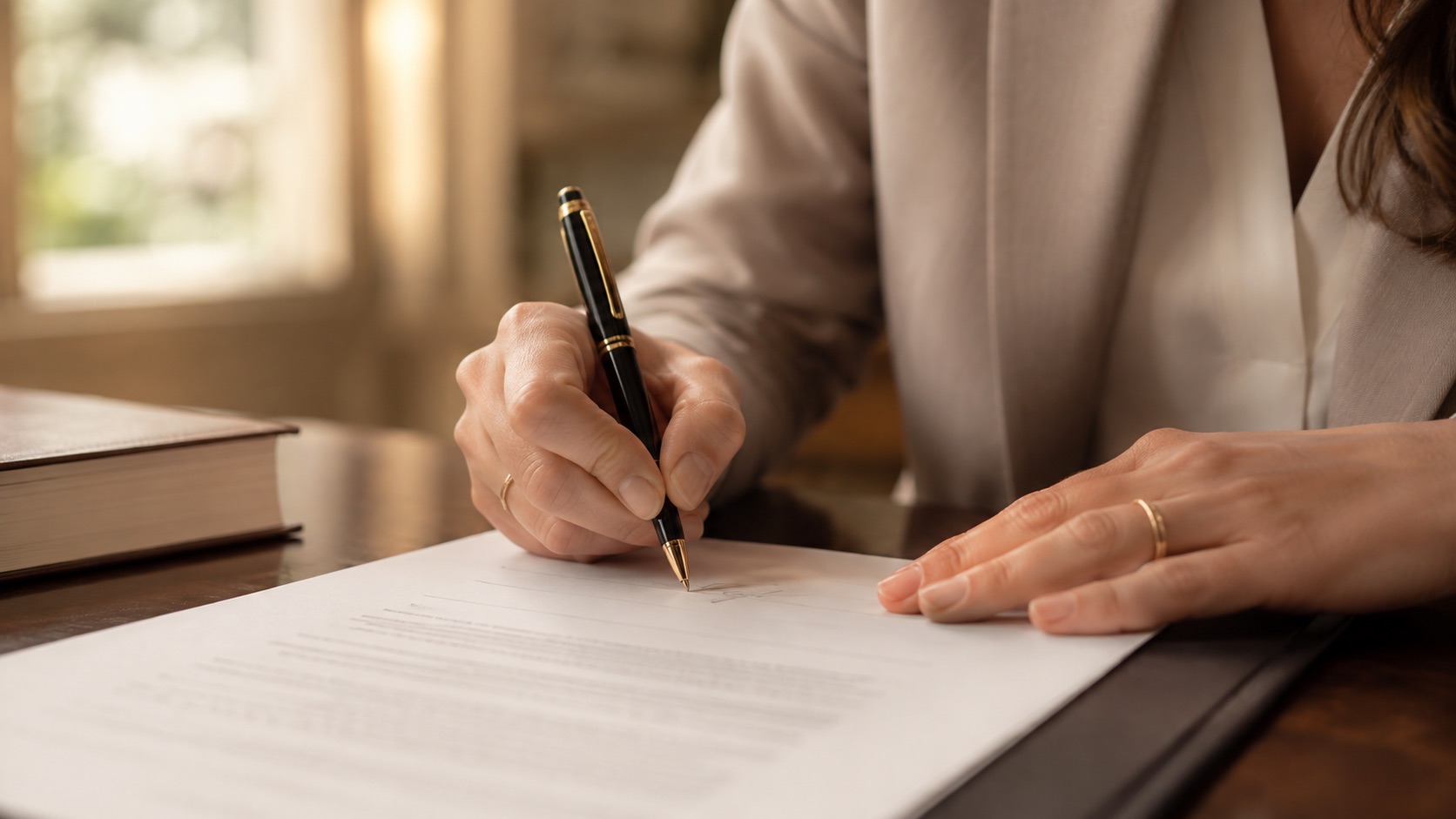Een hand met vulpen boven een document, in warm daglicht.