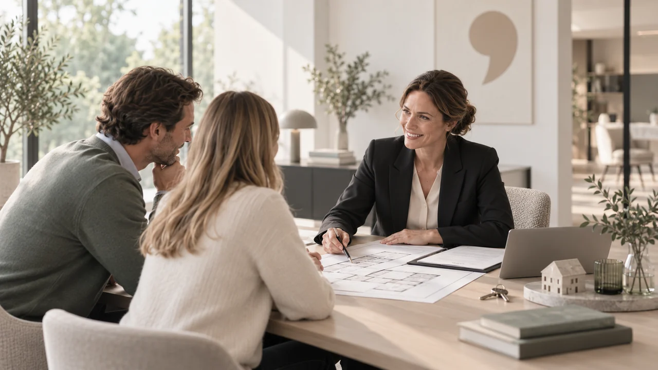 Een stel bespreekt woningtekeningen aan tafel met een adviseur.