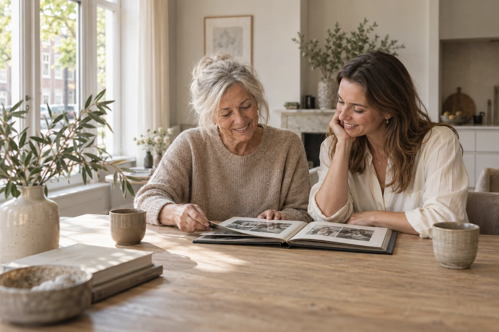 Twee generaties bekijken samen een familiealbum aan de keukentafel.